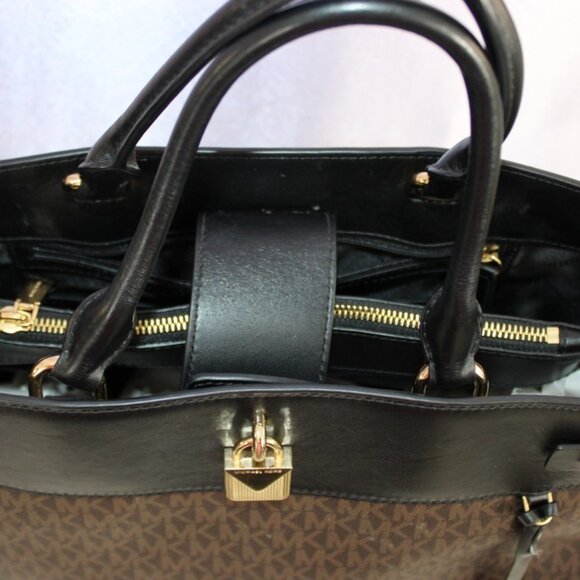 Michael Kors Brown MK Signature Satchel Tote w/ Black Leather Trim - Picture 6 of 15